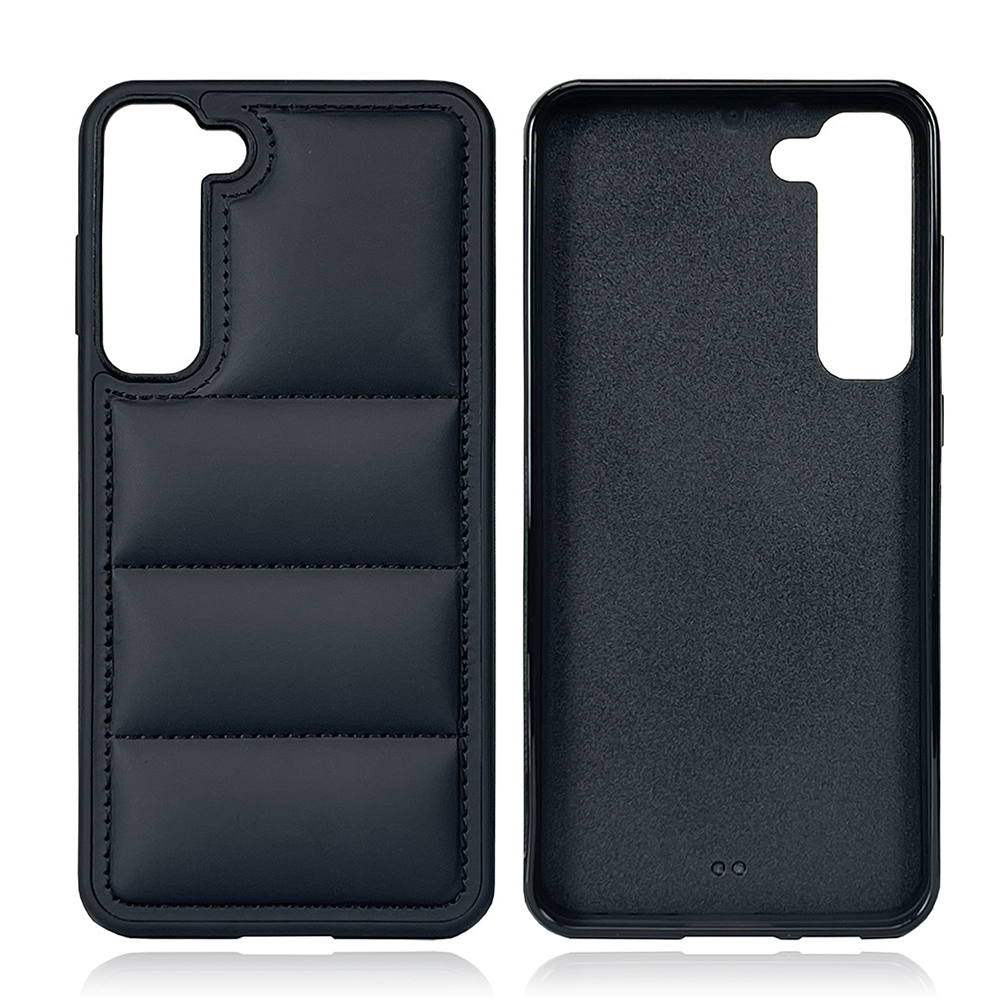 Black PU Wave-Patterned Jacket Phone Case - For Samsung S23, S24, S25 Series, Quilted Down Jacket Style Phone Cover with Anti-Slip Side