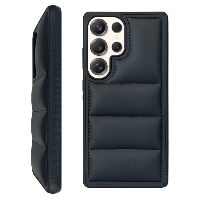 Black PU Wave-Patterned Jacket Phone Case - For Samsung S23, S24, S25 Series, Quilted Down Jacket Style Phone Cover with Anti-Slip Side