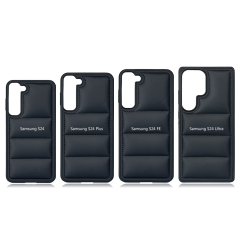 Black PU Wave-Patterned Jacket Phone Case - For Samsung S23, S24, S25 Series, Quilted Down Jacket Style Phone Cover with Anti-Slip Side