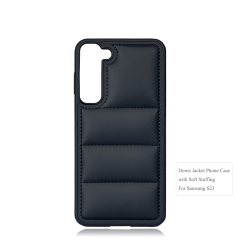 Black PU Wave-Patterned Jacket Phone Case - For Samsung S23, S24, S25 Series, Quilted Down Jacket Style Phone Cover with Anti-Slip Side