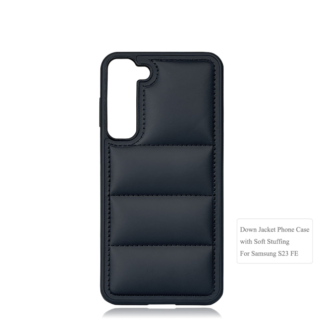 Black PU Wave-Patterned Jacket Phone Case - For Samsung S23, S24, S25 Series, Quilted Down Jacket Style Phone Cover with Anti-Slip Side