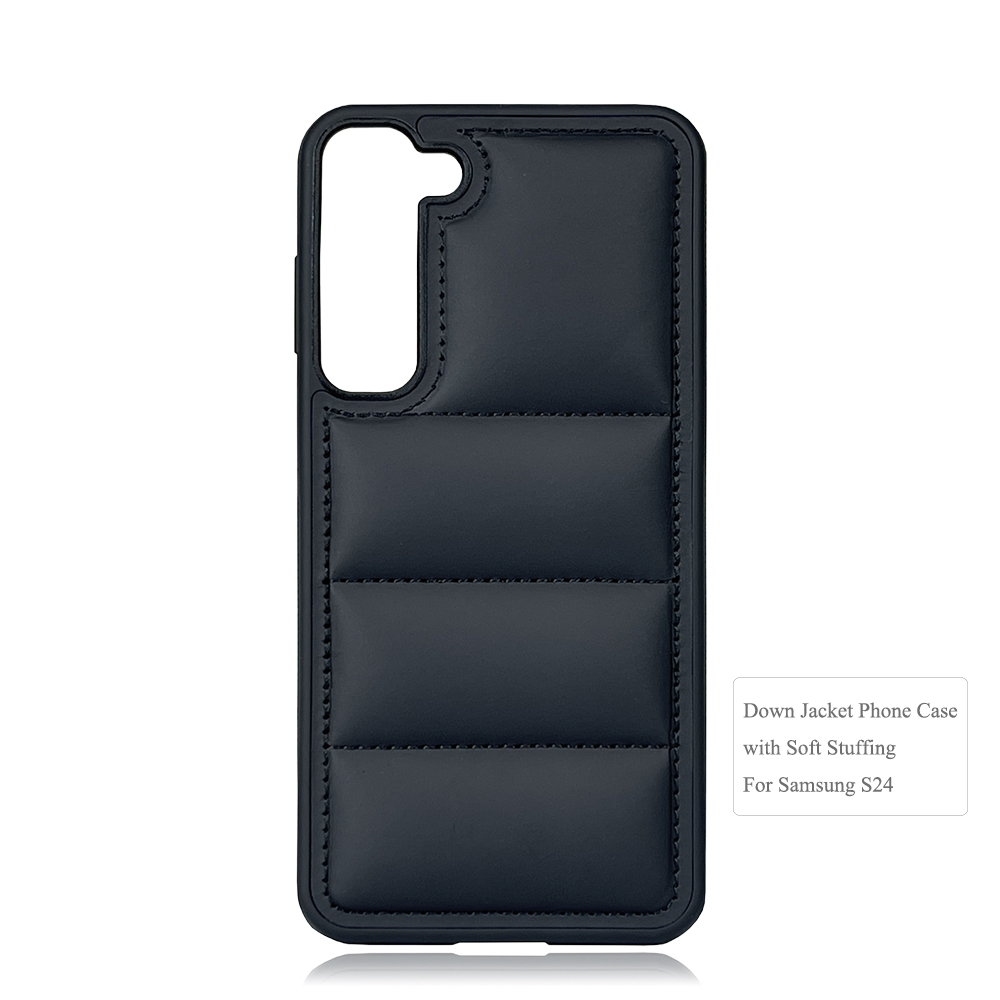 Black PU Wave-Patterned Jacket Phone Case - For Samsung S23, S24, S25 Series, Quilted Down Jacket Style Phone Cover with Anti-Slip Side