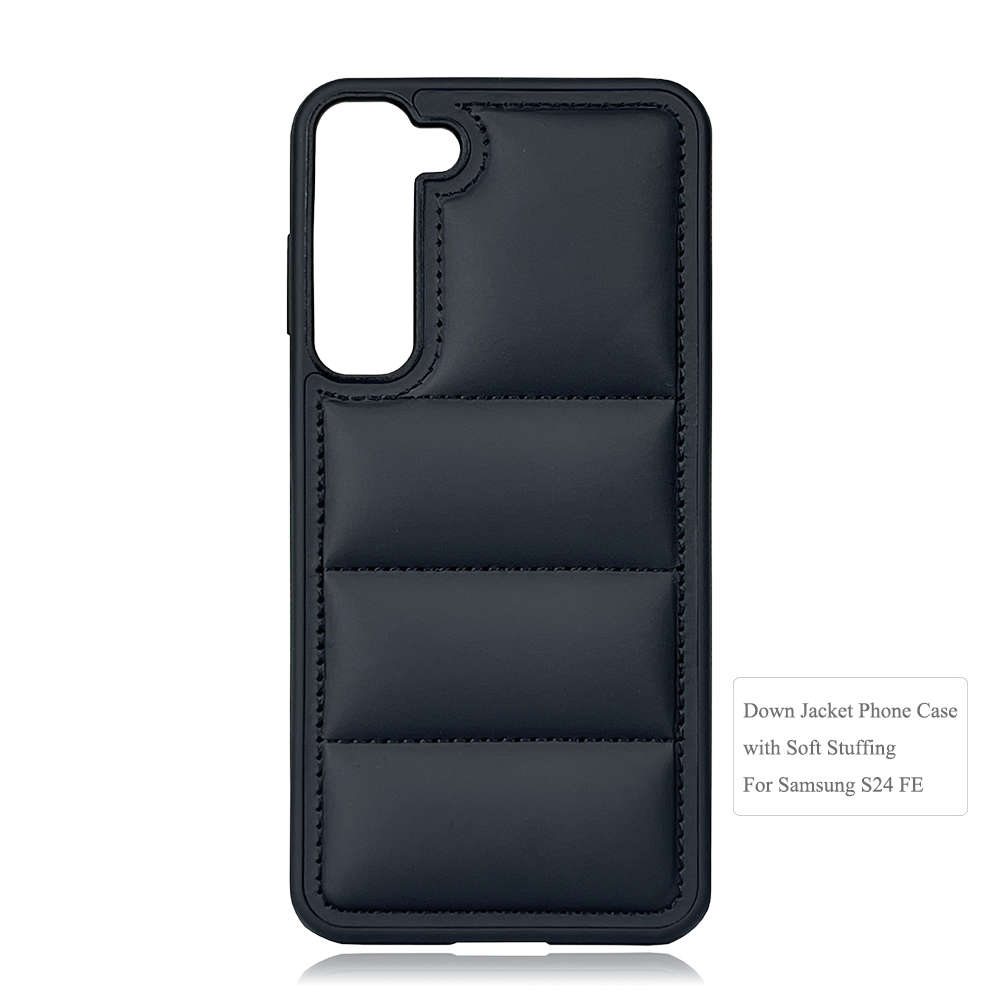 Black PU Wave-Patterned Jacket Phone Case - For Samsung S23, S24, S25 Series, Quilted Down Jacket Style Phone Cover with Anti-Slip Side