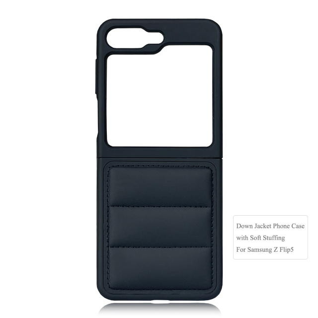 Black PU Wave-Patterned Jacket Phone Case - For Samsung Z Flip 6/5/4/3, Z Fold 6,5,4,3 Series, Quilted Down Jacket Style Phone Cover with Anti-Slip Side