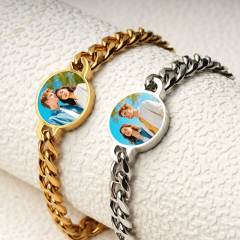 Custom Sublimation Stainless Steel Chain Bracelet Metal jewelry - Heart-Shaped Printable Panel, Gold/Silver Finishes | Unisex Adjustable Bracelet with Extender Chain
