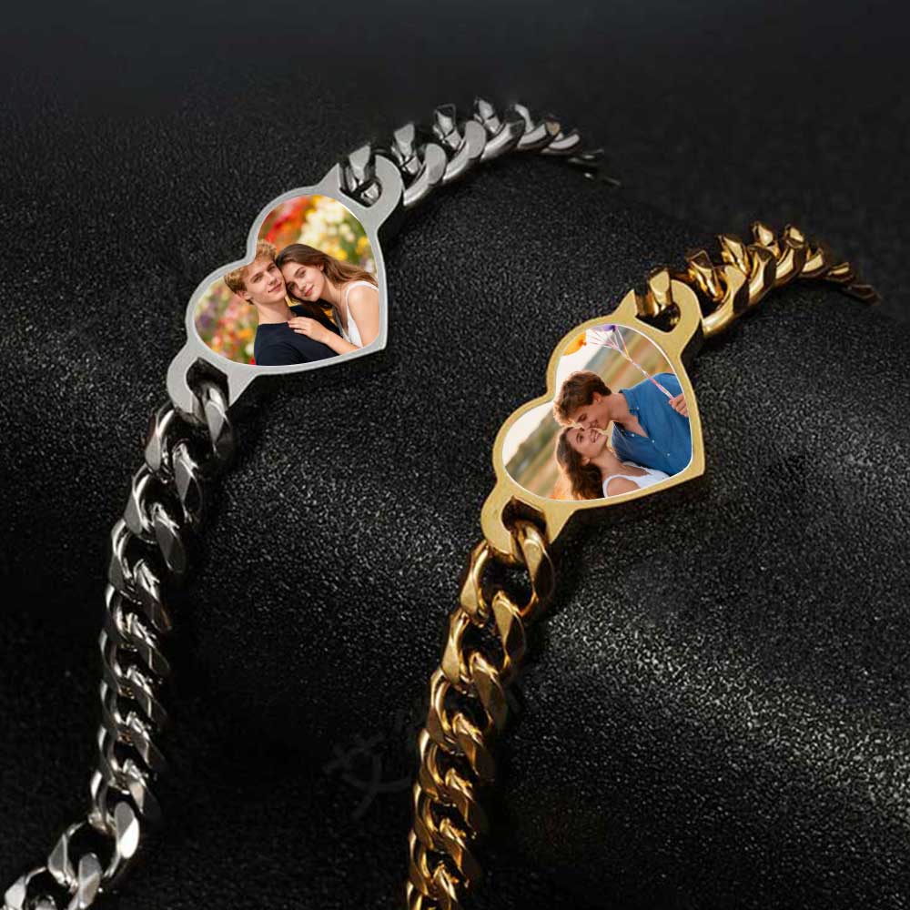 Custom Sublimation Stainless Steel Chain Bracelet Metal jewelry - Heart-Shaped Printable Panel, Gold/Silver Finishes | Unisex Adjustable Bracelet with Extender Chain
