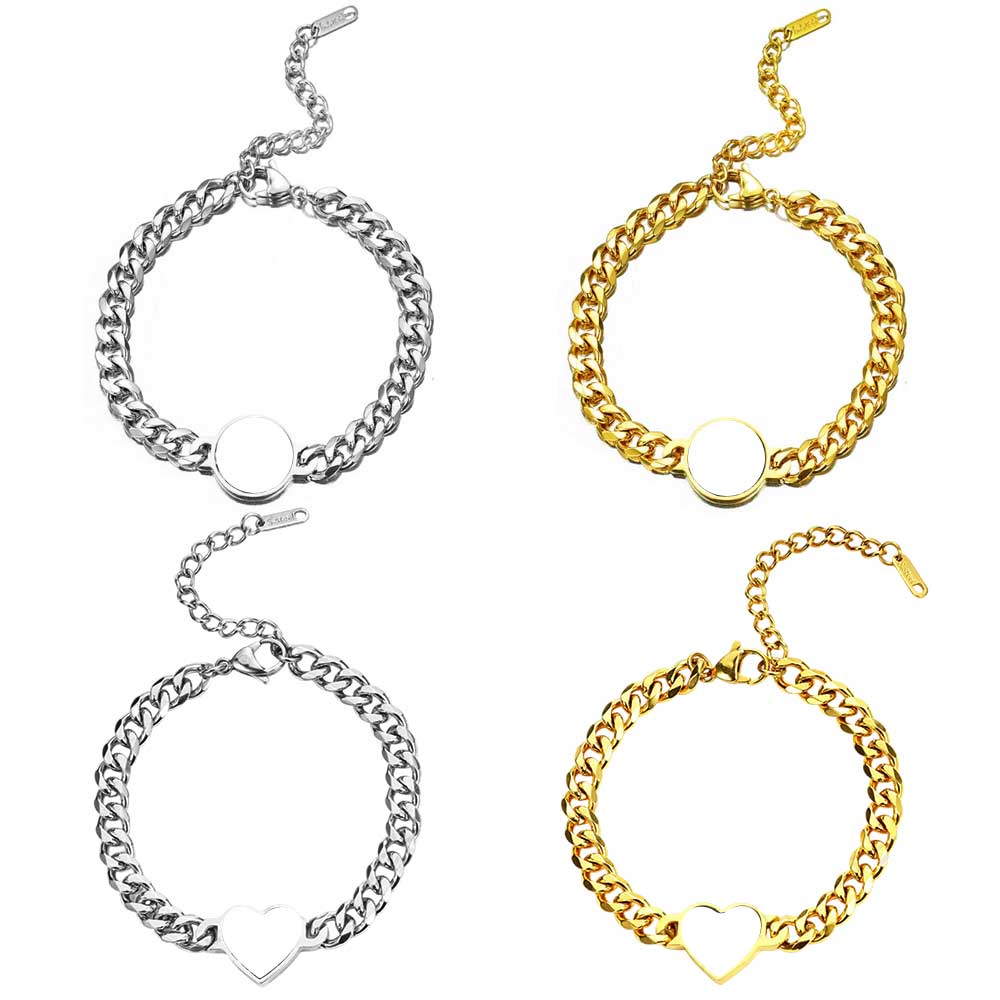Custom Sublimation Stainless Steel Chain Bracelet Metal jewelry - Heart-Shaped Printable Panel, Gold/Silver Finishes | Unisex Adjustable Bracelet with Extender Chain