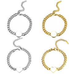 Custom Sublimation Stainless Steel Chain Bracelet Metal jewelry - Heart-Shaped Printable Panel, Gold/Silver Finishes | Unisex Adjustable Bracelet with Extender Chain