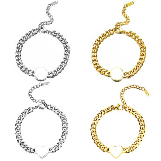 Custom Sublimation Stainless Steel Chain Bracelet Metal jewelry - Heart-Shaped Printable Panel, Gold/Silver Finishes | Unisex Adjustable Bracelet with Extender Chain