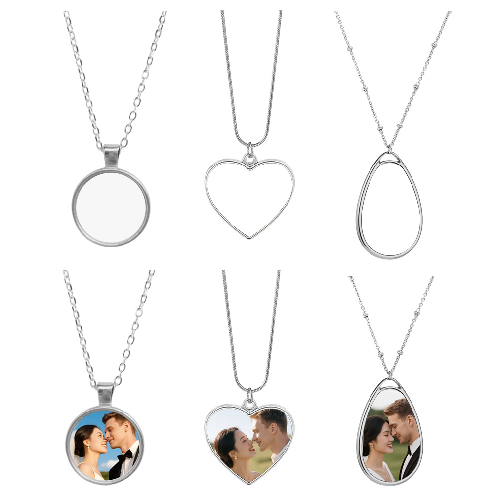 Elegant Blank Sublimation Metal Necklace - Multiple Pendant Shapes (Round/Heart/Teardrop) | Customizable Photo Necklace Jewelry for Personalized Gifts & Styling