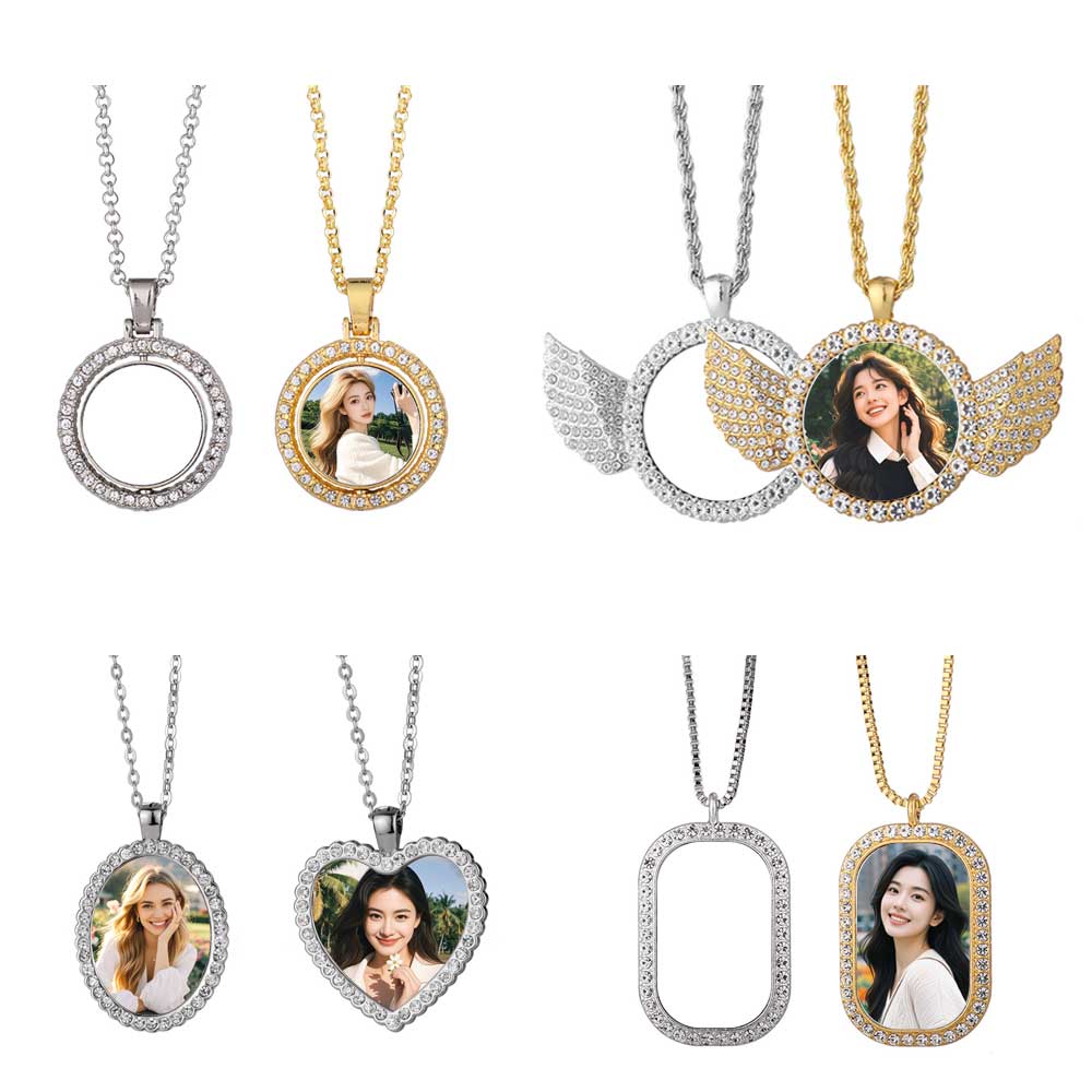 Sparkly Blank Sublimation Metal Necklaces (Diamond-Accent) - Custom Photo Pendants DIY Jewelry in Cute Shapes (Wing, Heart, Oval)