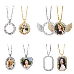 Sparkly Blank Sublimation Metal Necklaces (Diamond-Accent) - Custom Photo Pendants DIY Jewelry in Cute Shapes (Wing, Heart, Oval)