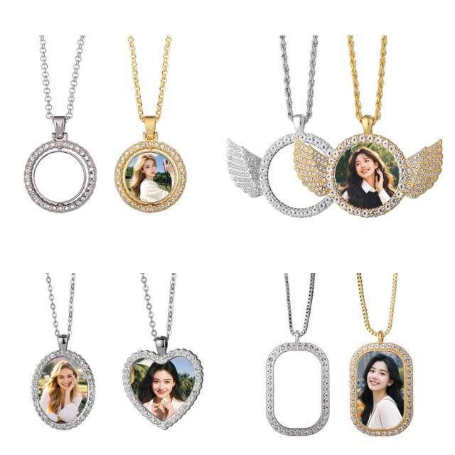 Sparkly Blank Sublimation Metal Necklaces (Diamond-Accent) - Custom Photo Pendants DIY Jewelry in Cute Shapes (Wing, Heart, Oval)