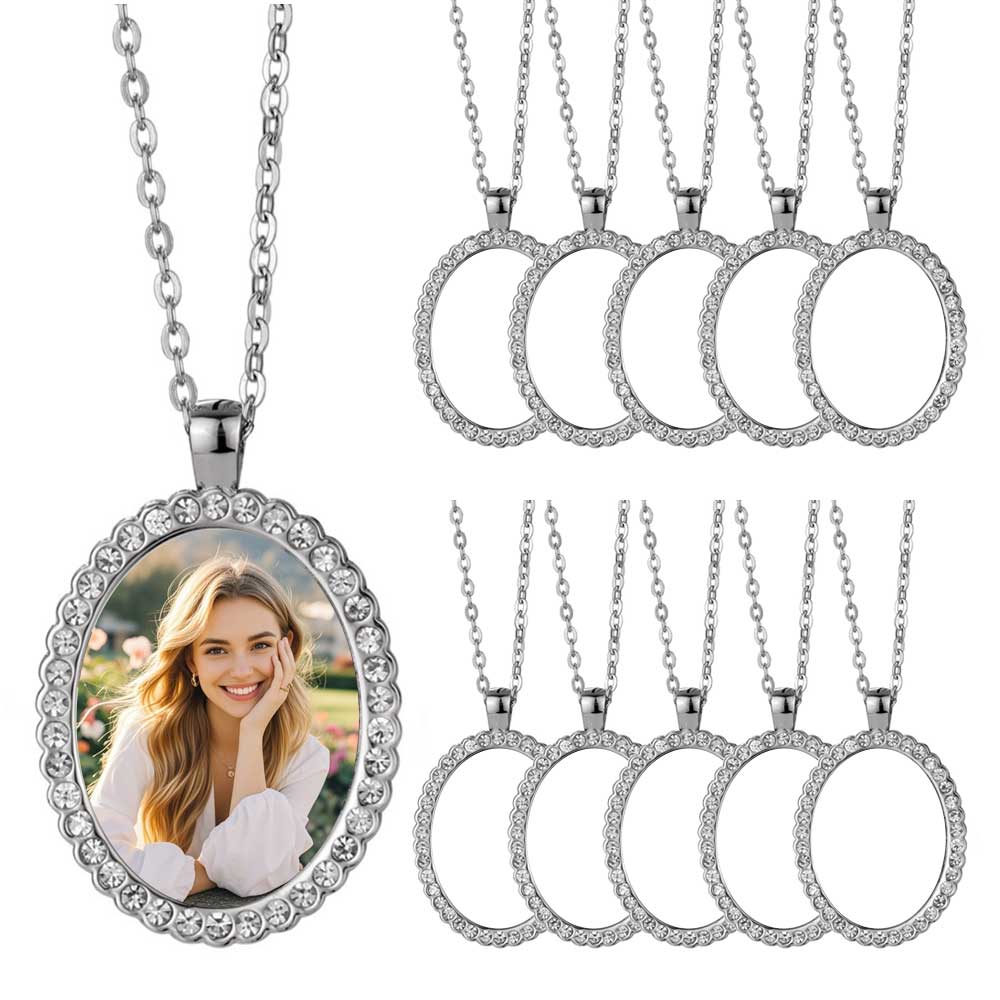 Sparkly Blank Sublimation Metal Necklaces (Diamond-Accent) - Custom Photo Pendants DIY Jewelry in Cute Shapes (Wing, Heart, Oval)