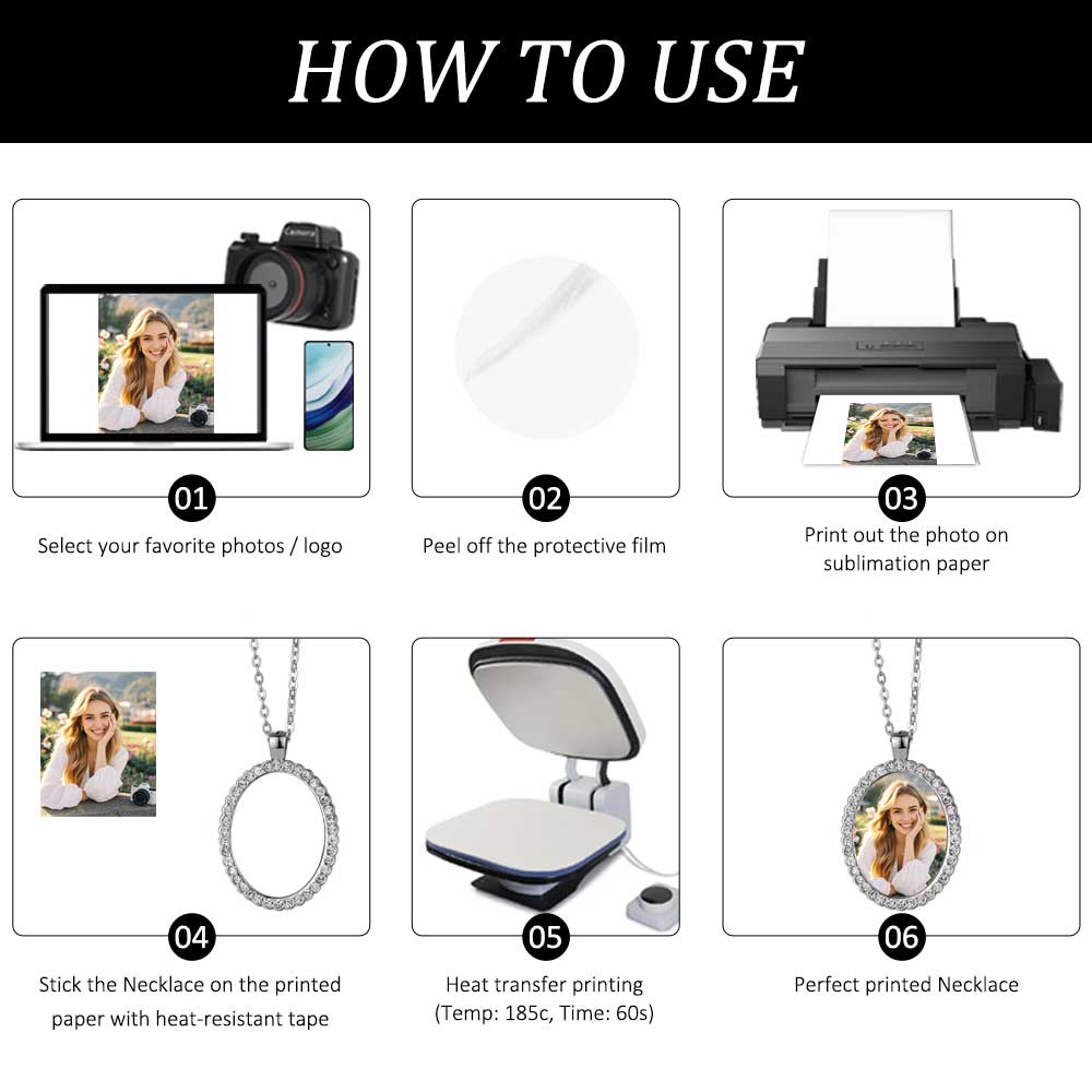 Sparkly Blank Sublimation Metal Necklaces (Diamond-Accent) - Custom Photo Pendants DIY Jewelry in Cute Shapes (Wing, Heart, Oval)