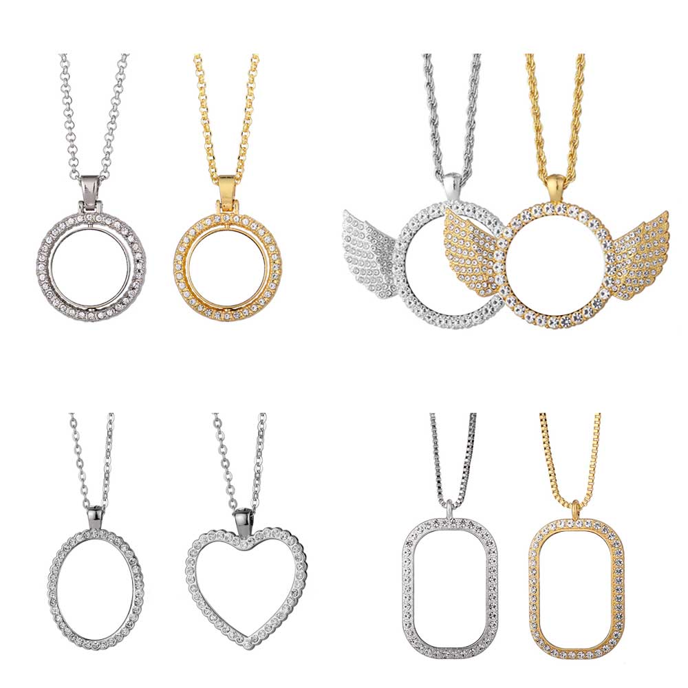Sparkly Blank Sublimation Metal Necklaces (Diamond-Accent) - Custom Photo Pendants DIY Jewelry in Cute Shapes (Wing, Heart, Oval)