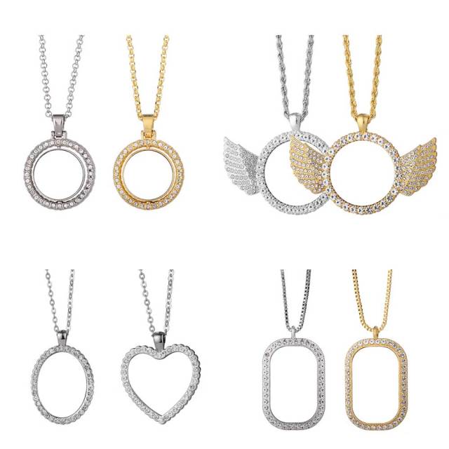 Sparkly Blank Sublimation Metal Necklaces (Diamond-Accent) - Custom Photo Pendants DIY Jewelry in Cute Shapes (Wing, Heart, Oval)