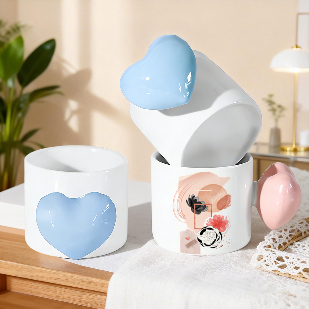 Adorable Blank Sublimation Ceramic Mug with Heart Handle - Customizable Design (Pink/Blue Handle Options)