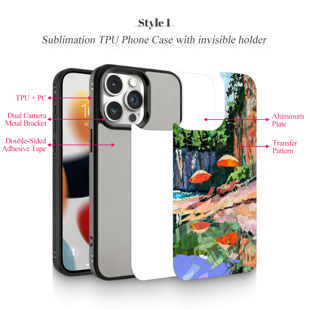 New Arrival Sublimation 2D TPU Phone Case with Hidden Camera Frame Stand - 2 Styles: Aluminum Plate (Non-Magnetic) / PET Film with Magnetic Ring for Heat Transfer Printing