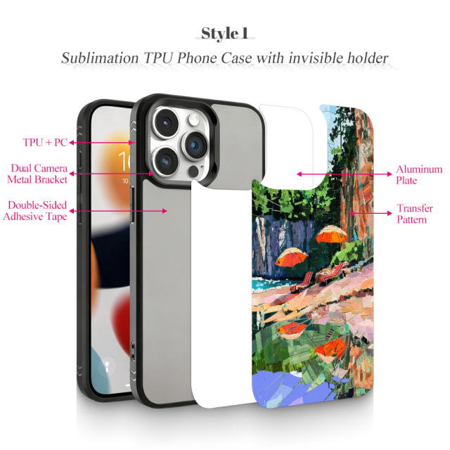 New Arrival Sublimation 2D TPU Phone Case with Hidden Camera Frame Stand - 2 Styles: Aluminum Plate (Non-Magnetic) / PET Film with Magnetic Ring for Heat Transfer Printing