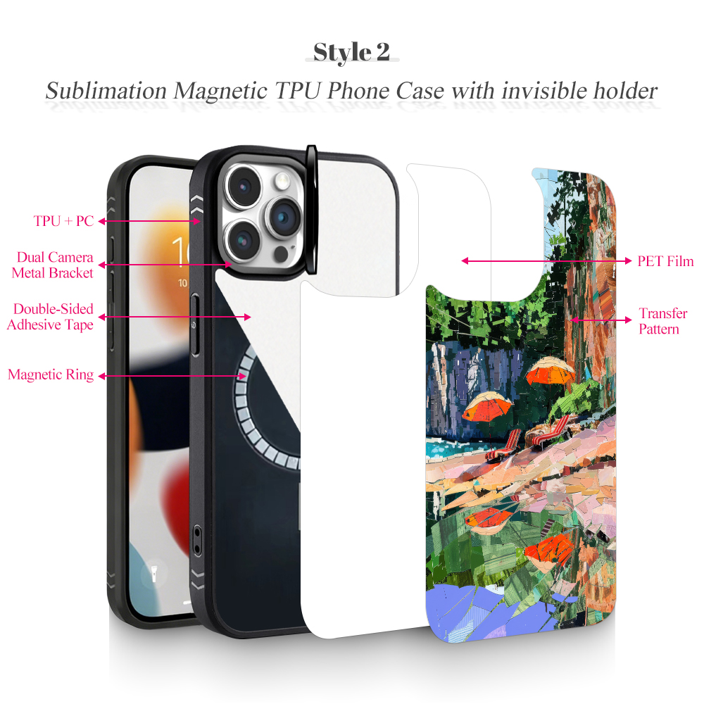 New Arrival Sublimation 2D TPU Phone Case with Hidden Camera Frame Stand - 2 Styles: Aluminum Plate (Non-Magnetic) / PET Film with Magnetic Ring for Heat Transfer Printing