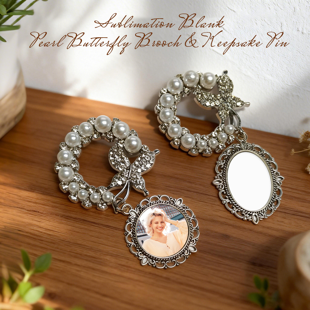 Elegant Pearl & Butterfly Sublimation Blank Brooch - Custom Photo Memorial Badge (Round/Oval Shapes) Heat Transfer Pin Jewelry