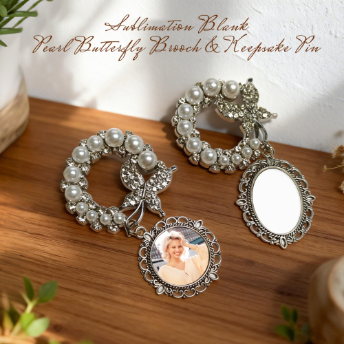 Elegant Pearl & Butterfly Sublimation Blank Brooch - Custom Photo Memorial Badge (Round/Oval Shapes) Heat Transfer Pin Jewelry