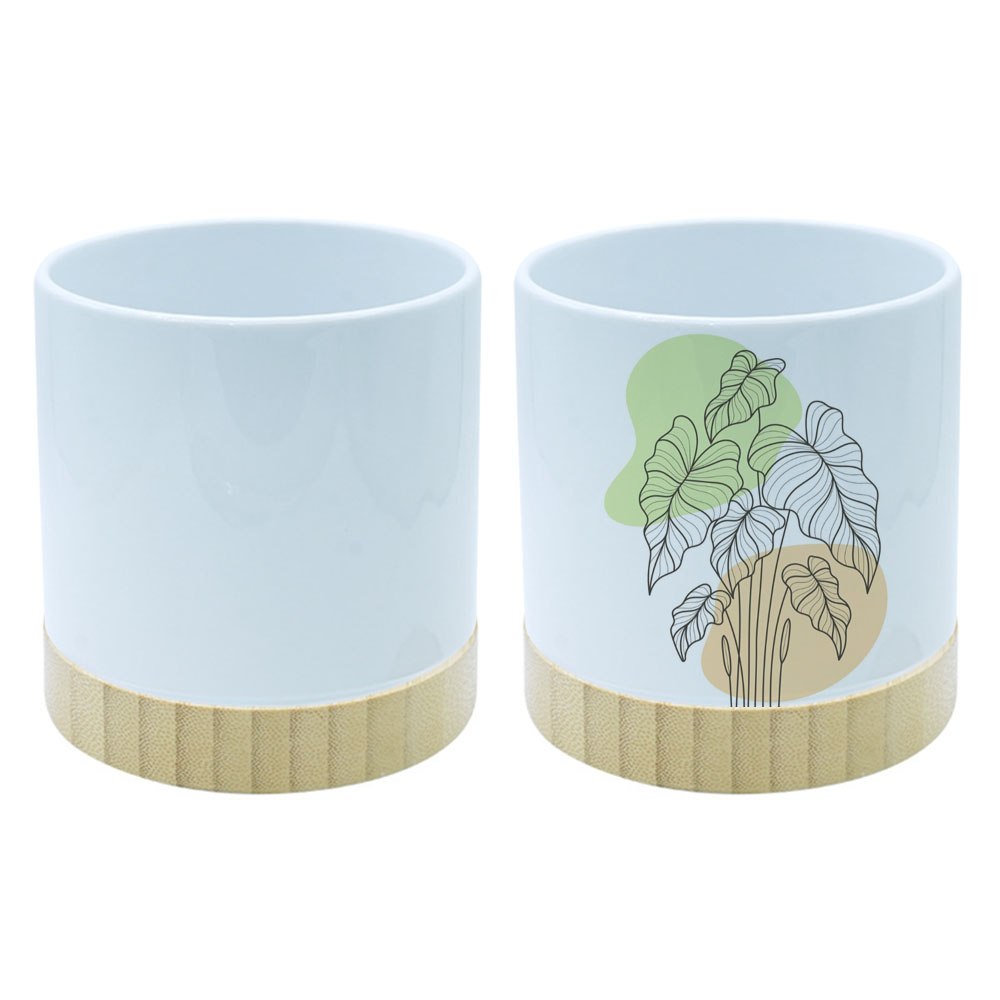 Sublimation Blank Ceramic Planter with Bamboo Base - Printable Surface for Custom Plant Pot Design