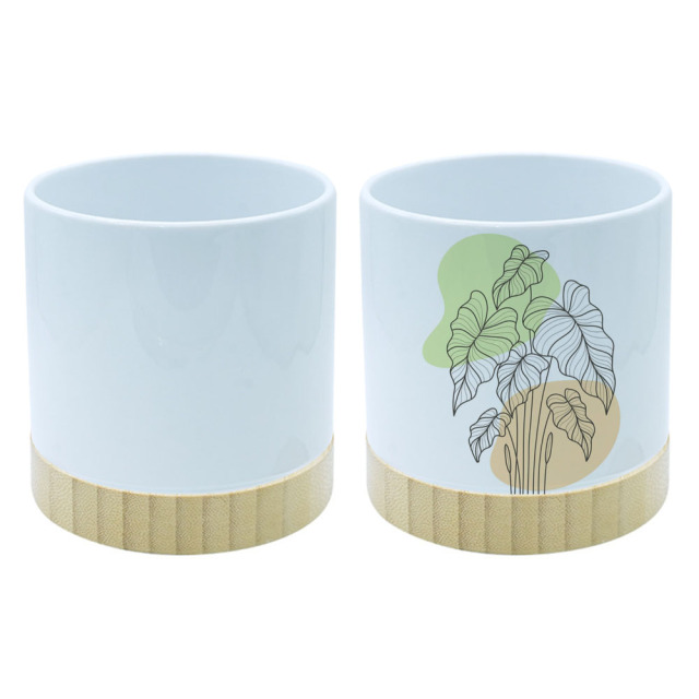 Sublimation Blank Ceramic Planter with Bamboo Base - Printable Surface for Custom Plant Pot Design