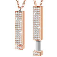3D Bar Pendant Necklace with Sparkling Crystals - Pull-Out "I Love You" Hidden Message Design in Gold/Rose Gold/Silver