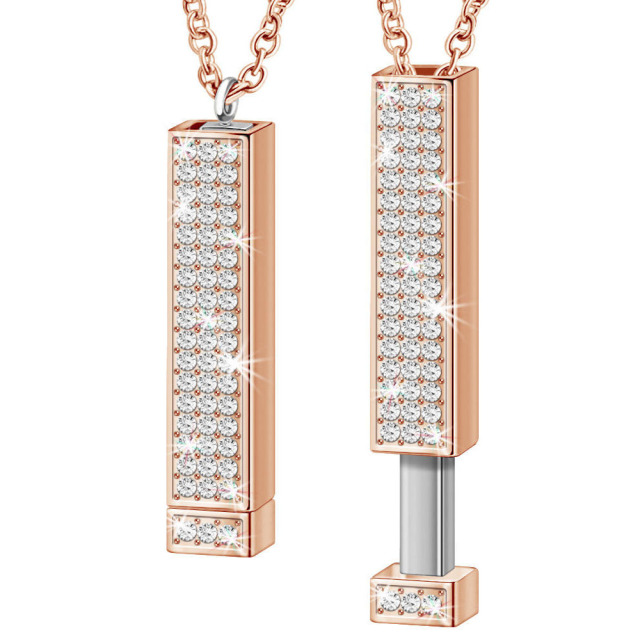 3D Bar Pendant Necklace with Sparkling Crystals - Pull-Out "I Love You" Hidden Message Design in Gold/Rose Gold/Silver