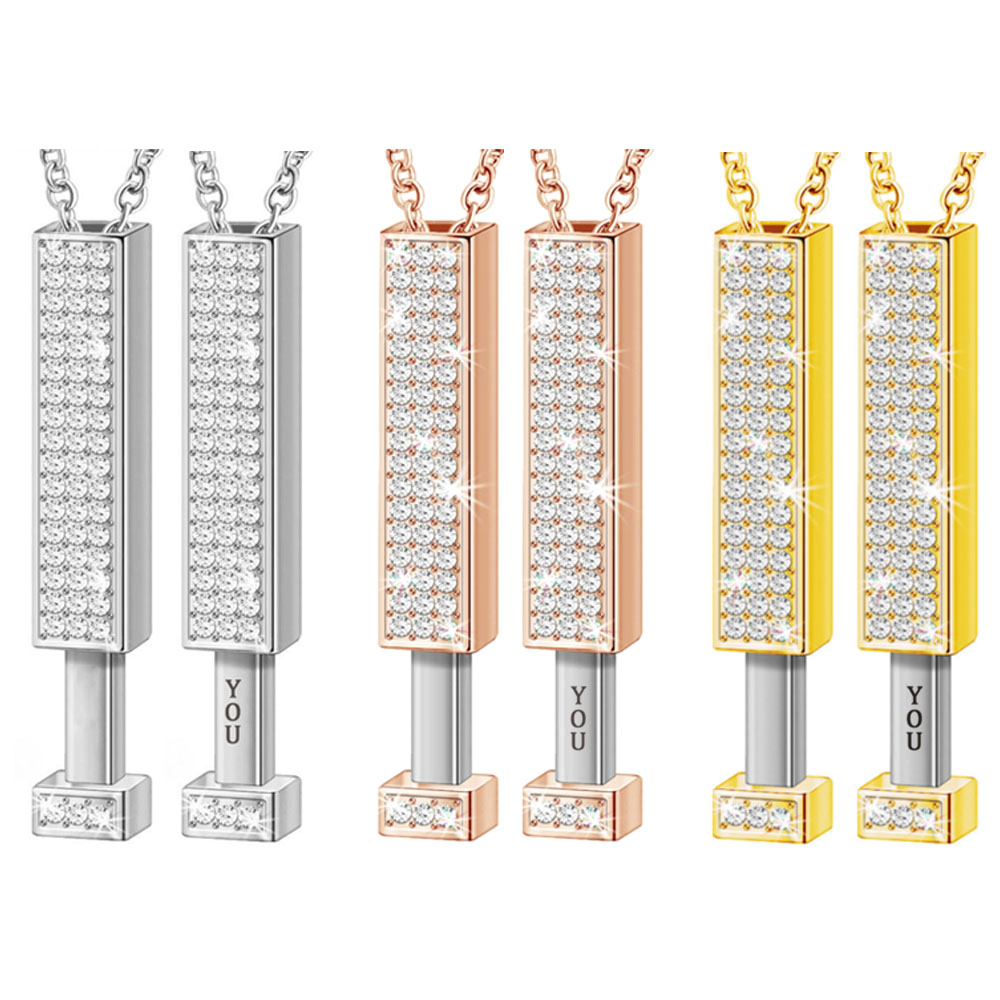 3D Bar Pendant Necklace with Sparkling Crystals - Pull-Out "I Love You" Hidden Message Design in Gold/Rose Gold/Silver