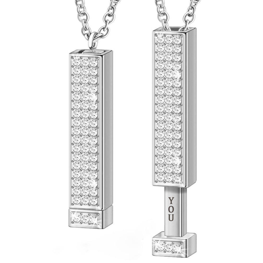 3D Bar Pendant Necklace with Sparkling Crystals - Pull-Out "I Love You" Hidden Message Design in Gold/Rose Gold/Silver