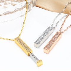 3D Bar Pendant Necklace with Sparkling Crystals - Pull-Out "I Love You" Hidden Message Design in Gold/Rose Gold/Silver