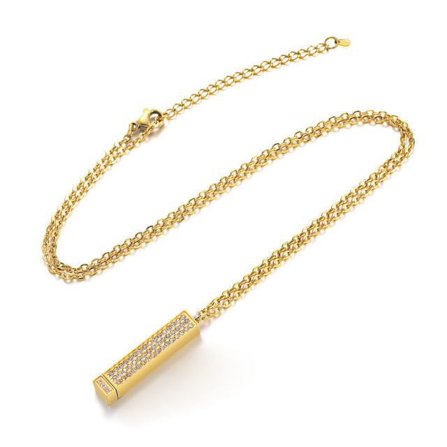 3D Bar Pendant Necklace with Sparkling Crystals - Pull-Out "I Love You" Hidden Message Design in Gold/Rose Gold/Silver