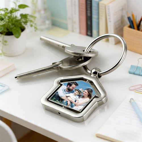 Sublimation Blank Zinc Alloy Rotating Keychain - Double-Sided House Shape Photo Keyring for Custom Printing