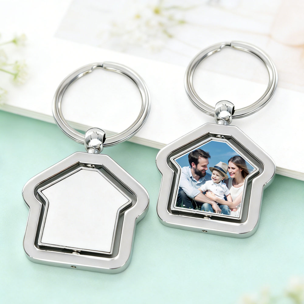 Sublimation Blank Zinc Alloy Rotating Keychain - Double-Sided House Shape Photo Keyring for Custom Printing