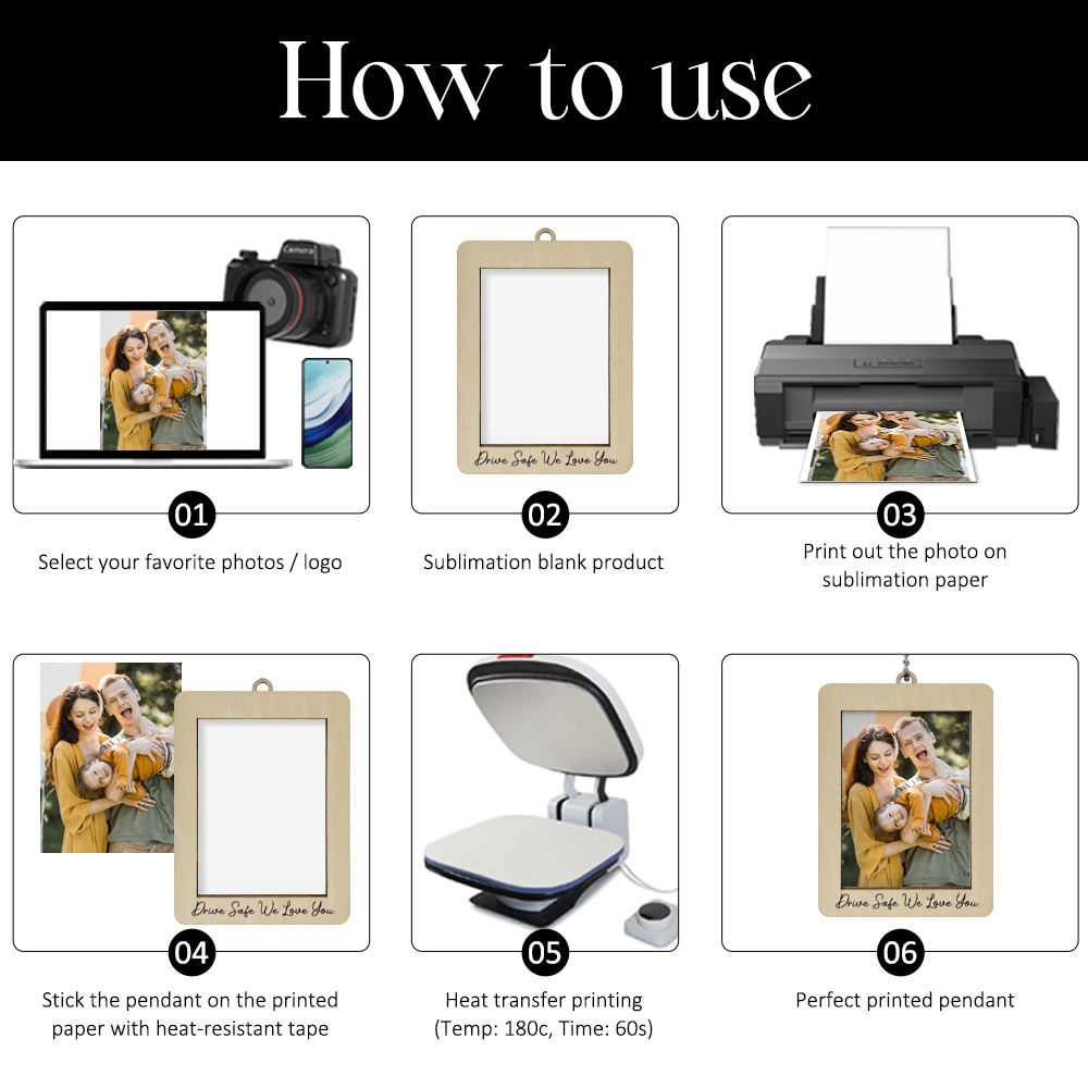 Sublimation Blank Hanging MDF Photo Frame Car Pendant - Single-Sided Printable "Drive Safe" Car Ornament for Custom Gifts