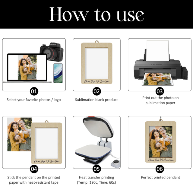 Sublimation Blank Hanging MDF Photo Frame Car Pendant - Single-Sided Printable "Drive Safe" Car Ornament for Custom Gifts
