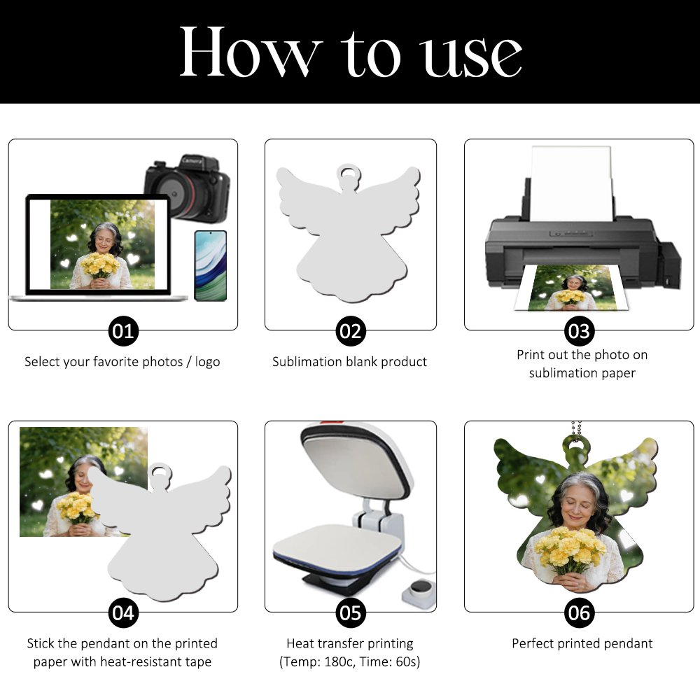 Sublimation Blank Angel Wings Car Pendant - Double-Sided Printable MDF Memorial Ornament for Custom Photo Printing