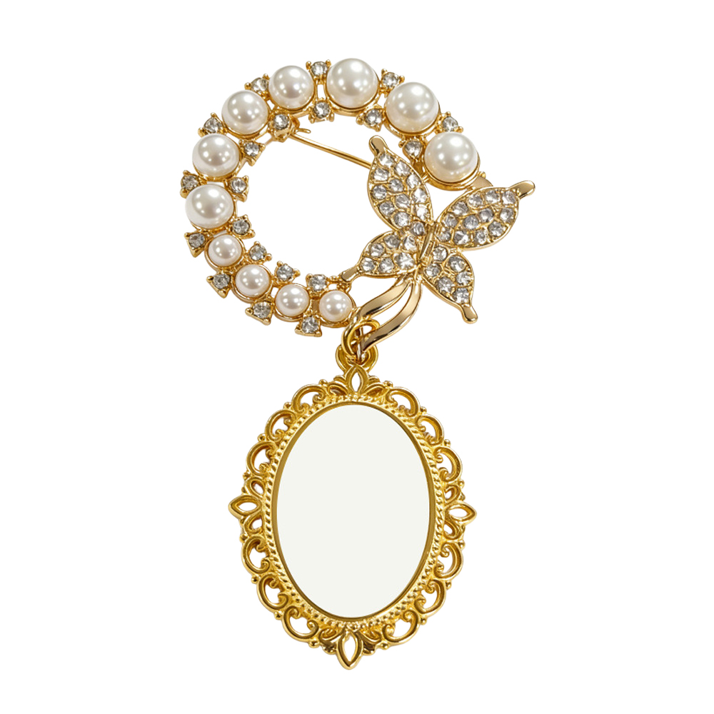 Elegant Pearl & Butterfly Sublimation Blank Brooch - Custom Photo Memorial Badge (Round/Oval Shapes) Heat Transfer Pin Jewelry