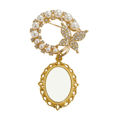 Elegant Pearl & Butterfly Sublimation Blank Brooch - Custom Photo Memorial Badge (Round/Oval Shapes) Heat Transfer Pin Jewelry