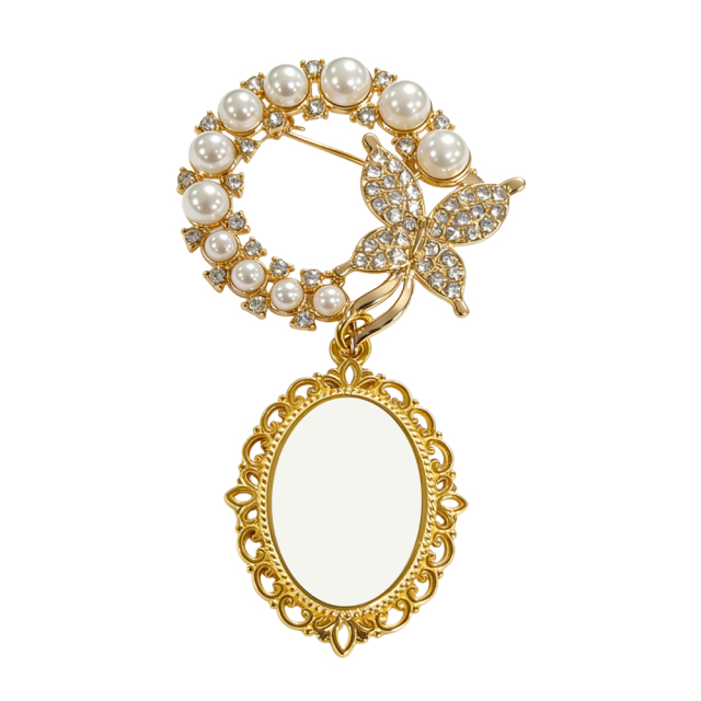 Elegant Pearl & Butterfly Sublimation Blank Brooch - Custom Photo Memorial Badge (Round/Oval Shapes) Heat Transfer Pin Jewelry