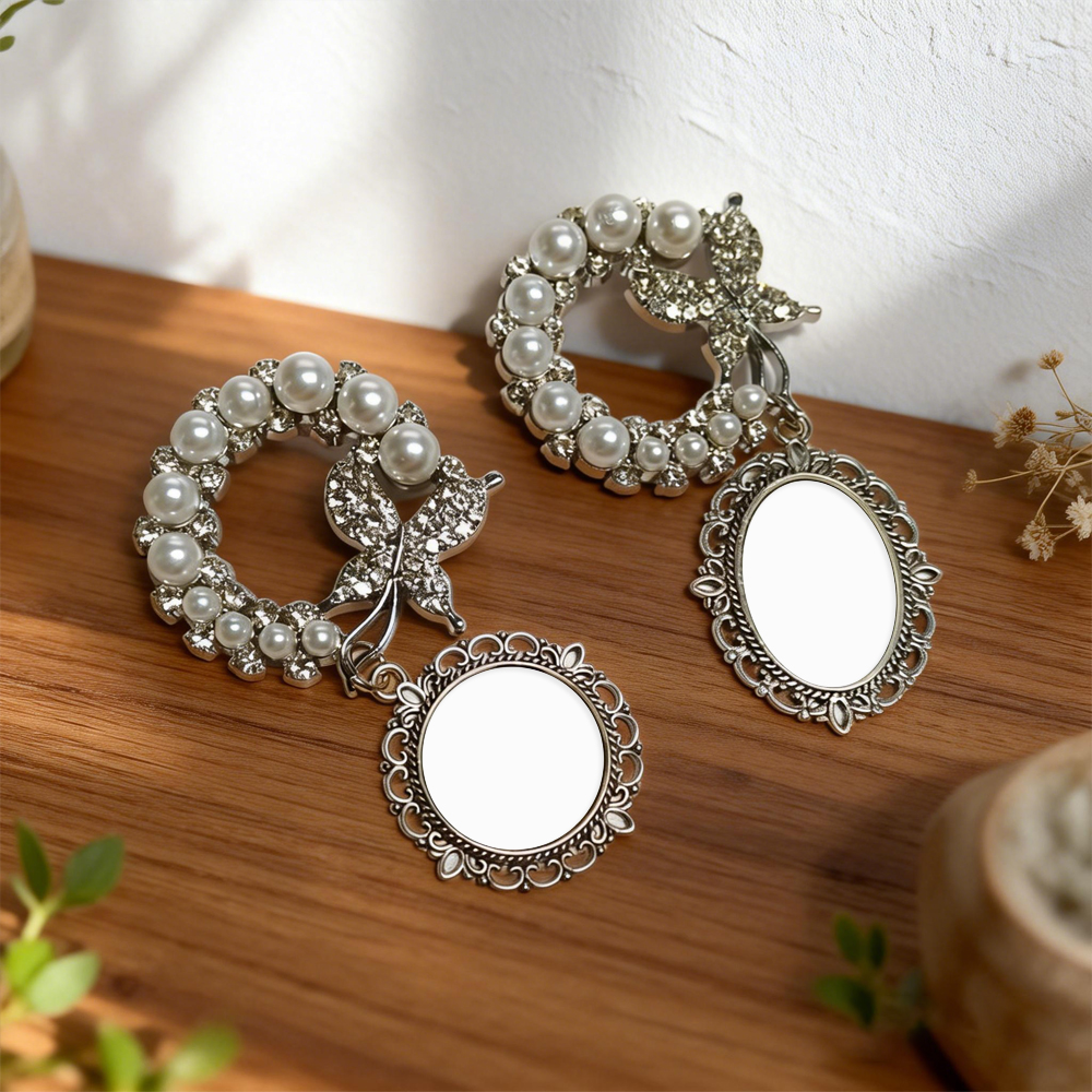 Elegant Pearl & Butterfly Sublimation Blank Brooch - Custom Photo Memorial Badge (Round/Oval Shapes) Heat Transfer Pin Jewelry
