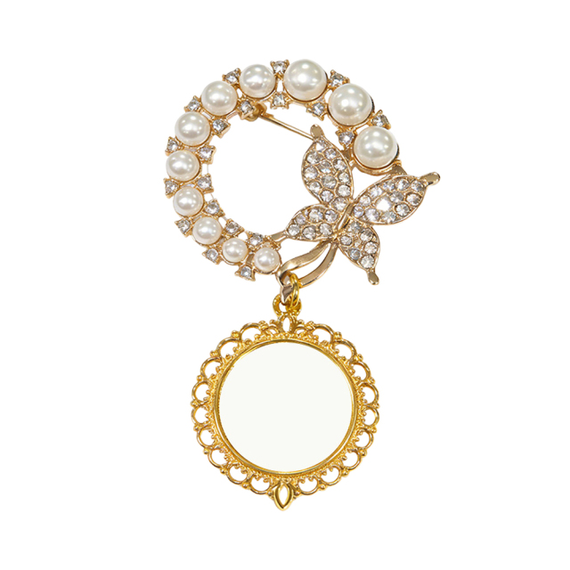 Elegant Pearl & Butterfly Sublimation Blank Brooch - Custom Photo Memorial Badge (Round/Oval Shapes) Heat Transfer Pin Jewelry