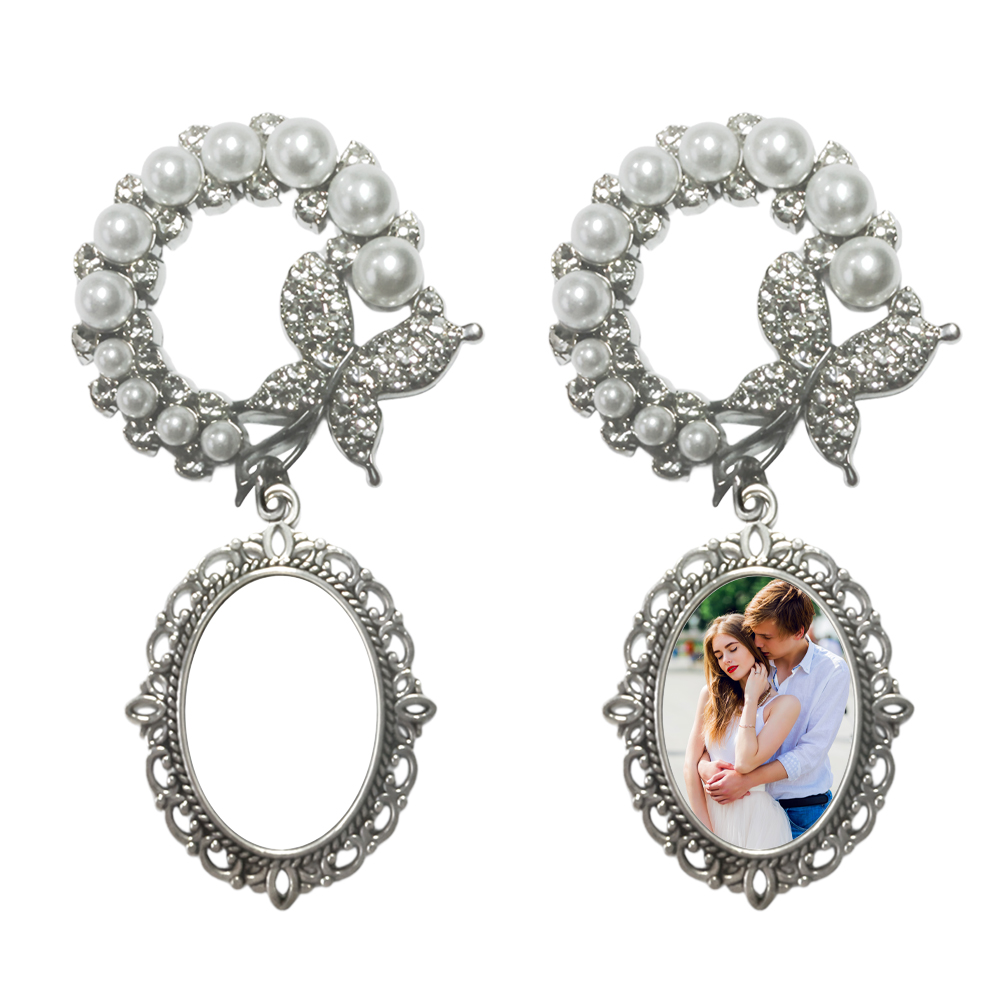 Elegant Pearl & Butterfly Sublimation Blank Brooch - Custom Photo Memorial Badge (Round/Oval Shapes) Heat Transfer Pin Jewelry