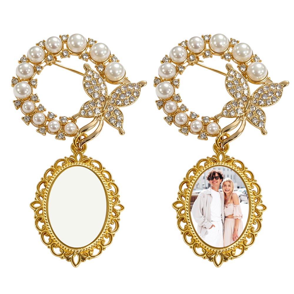 Elegant Pearl & Butterfly Sublimation Blank Brooch - Custom Photo Memorial Badge (Round/Oval Shapes) Heat Transfer Pin Jewelry