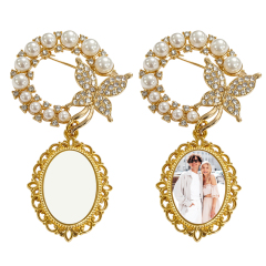 Elegant Pearl & Butterfly Sublimation Blank Brooch - Custom Photo Memorial Badge (Round/Oval Shapes) Heat Transfer Pin Jewelry
