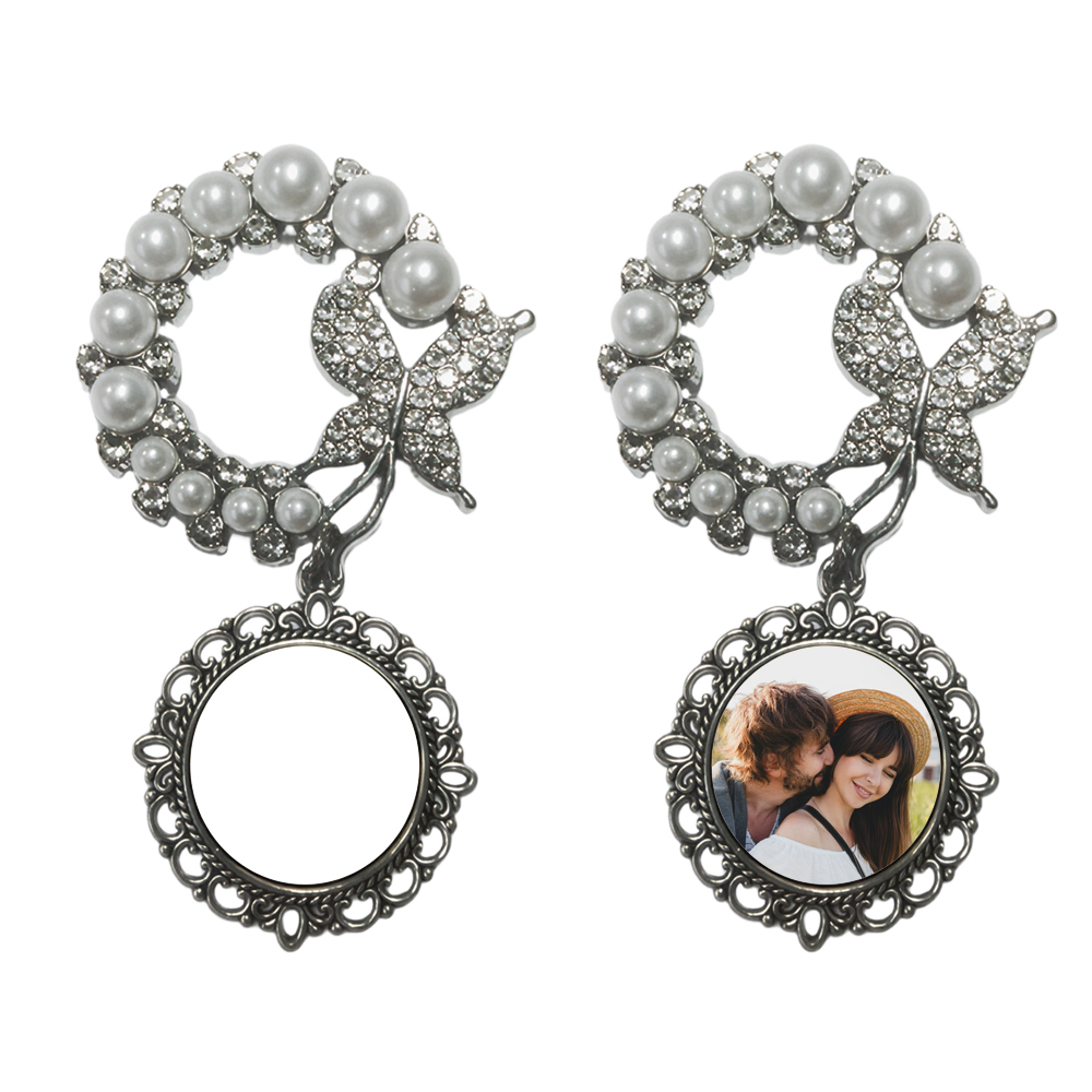 Elegant Pearl & Butterfly Sublimation Blank Brooch - Custom Photo Memorial Badge (Round/Oval Shapes) Heat Transfer Pin Jewelry