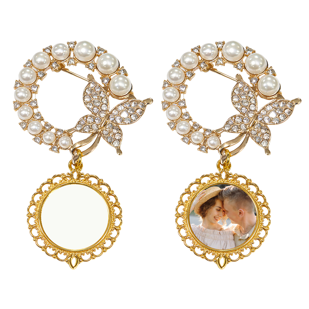 Elegant Pearl & Butterfly Sublimation Blank Brooch - Custom Photo Memorial Badge (Round/Oval Shapes) Heat Transfer Pin Jewelry